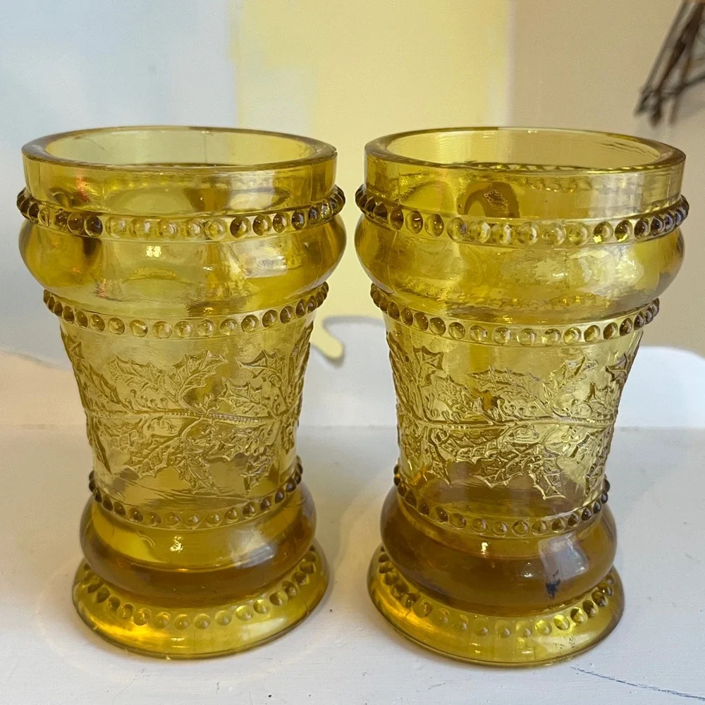 Pair of Antique Greentown No. 450 Holly Amber mug, also known as Golden Agate. - Picture 4 of 7